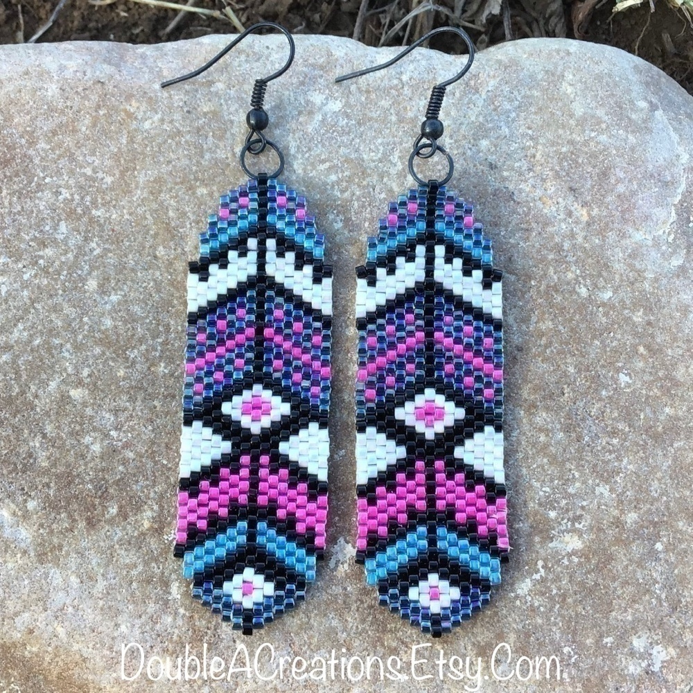 Southwest Feathers Beaded Earrings, New, Handmade by Me